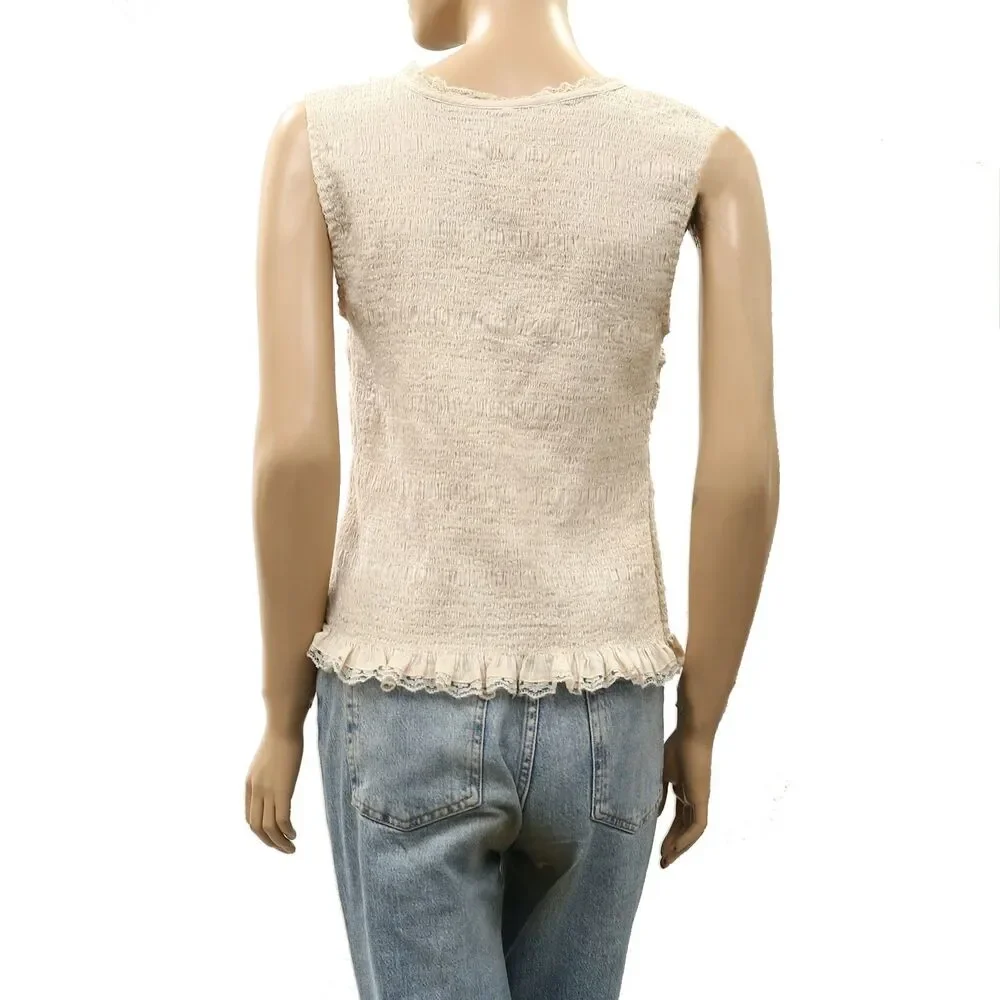 Free people Women's Smocked Solid  Blouse Tank Top Lace Boho Cotton L 288881